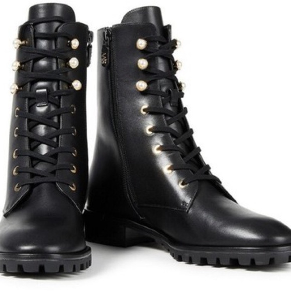 Stuart Weitzman Black Pearl-Embellished Combat Boots